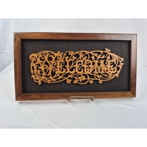 Vintage Welcome Sign Framed 3D Wood Scroll Saw Filigree Wall Art 18x9 Decor gift